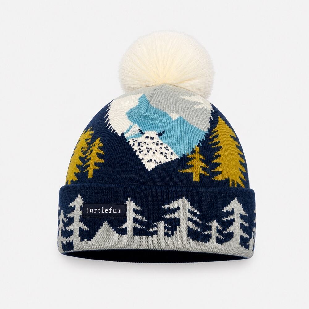 Turtle Fur Kids Pom Pom Beanie Hat Mountain Forest Knit Winter Acrylic Blue OS